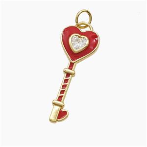 Copper Key Pendant Pave Zirconia Red Enamel Gold Plated, approx 10-26mm
