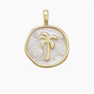 Copper Coconut Tree Pendant Palm White Enamel Circle Gold Plated, approx 14mm