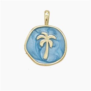 Copper Coconut Tree Pendant Palm Blue Enamel Circle Gold Plated, approx 14mm