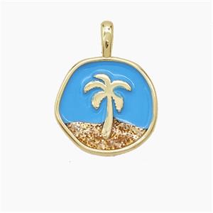 Copper Coconut Tree Pendant Palm Blue Enamel Circle Gold Plated, approx 14mm