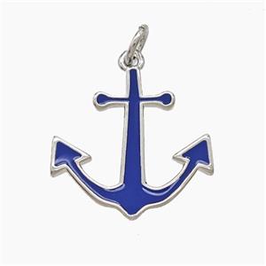 Copper Anchor Pendant Royalblue Enamel Platinum Plated, approx 18mm