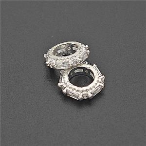 Copper Circle Beads Pave Zirconia Large Hole Shiny Silver, approx 10mm