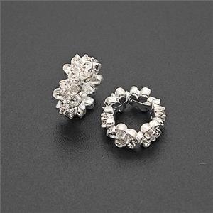 Copper Flower Beads Pave Zirconia Large Hole Shiny Silver, approx 10mm