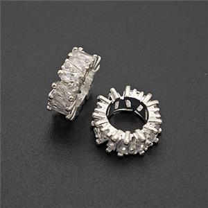 Copper Rondelle Beads Pave Zirconia Large Hole Shiny Silver, approx 11mm