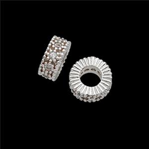 Copper Heishi Beads Pave Zirconia Large Hole Shiny Silver, approx 8mm, 4mm hole