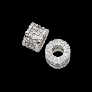 Copper Tube Beads Pave Zirconia Large Hole Shiny Silver, approx 8mm, 3mm hole