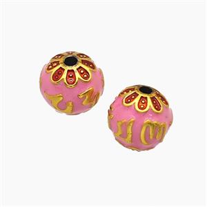Copper Lotus Beads Pink Enamel Round Gold Plated, approx 10mm dia