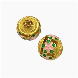 Copper Round Flower Beads Enamel Hollow Gold Plated, approx 10mm dia