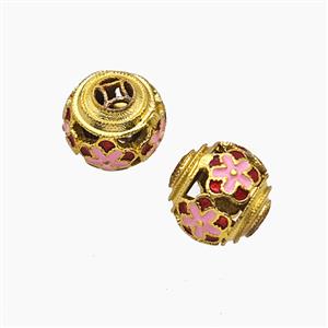 Copper Round Flower Beads Enamel Hollow Gold Plated, approx 10mm dia