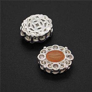 Copper Oval Beads Pave Catseye Shiny Silver, approx 10-12.5mm