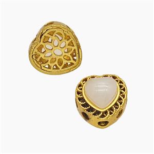 Copper Heart Beads Pave Catseye Gold Plated, approx 10mm