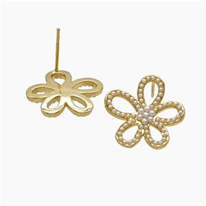 Copper Flower Stud Earrings Pave Zirconia 18K Gold Plated, approx 19mm