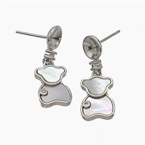 Copper Bear Stud Earrings Pave Shell Platinum Plated, approx 9-12mm, 7mm