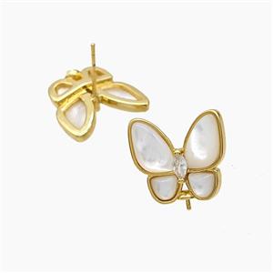 Copper Butterfly Stud Earrings Pave Shell 18K Gold Plated, approx 15-16.5mm
