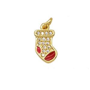 Christmas Stocking Charms Copper Pendant Pave Zirconia Red Enamel Gold Plated, approx 6-10mm