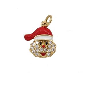 Christmas Santa Claus Charms Copper Pendant Pave Zirconia Red Enamel Gold Plated, approx 10mm
