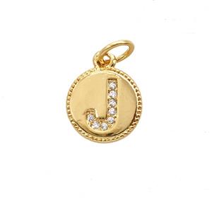 Copper Letter-J Pendant Pave Zirconia 18K Gold Plated, approx 10mm
