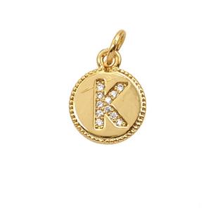 Copper Letter-K Pendant Pave Zirconia 18K Gold Plated, approx 10mm