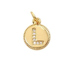 Copper Letter-L Pendant Pave Zirconia 18K Gold Plated, approx 10mm