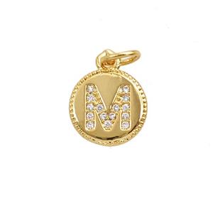 Copper Letter-M Pendant Pave Zirconia 18K Gold Plated, approx 10mm