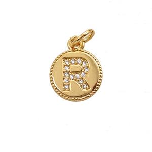 Copper Letter-R Pendant Pave Zirconia 18K Gold Plated, approx 10mm