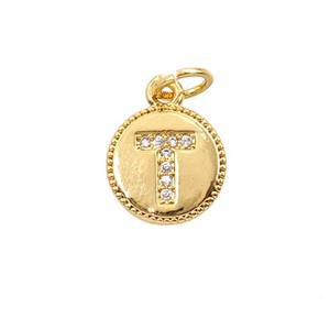 Copper Letter-T Pendant Pave Zirconia 18K Gold Plated, approx 10mm
