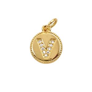 Copper Letter-V Pendant Pave Zirconia 18K Gold Plated, approx 10mm