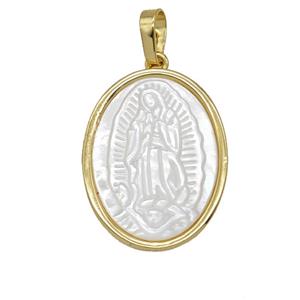 Copper Oval Pendant Pave Shell Jesus 18K Gold Plated, approx 18-23mm