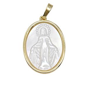Copper Oval Pendant Pave Shell Virgin Mary 18K Gold Plated, approx 18-23mm
