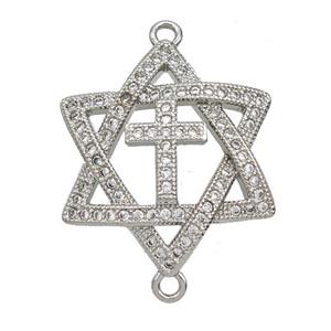 Copper David Star Connector Pave Zirconia Cross Platinum Plated, approx 23mm