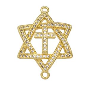 Copper David Star Connector Pave Zirconia Cross 18K Gold Plated, approx 23mm
