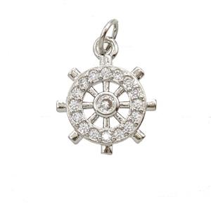 Copper Shipwheel Pendant Pave Zirconia Platinum Plated, approx 14mm