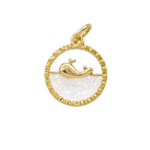 Copper Dolphin Pendant Pave White Fireopal 18K Gold Plated, approx 13mm