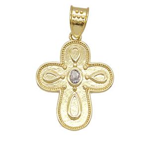Copper Cross Pendant Pave Zirconia 18K Gold Plated, approx 22-26mm