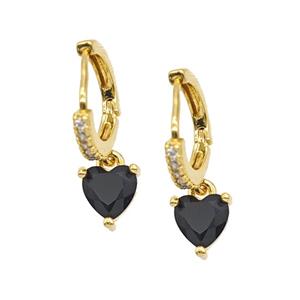 Copper Hoop Earrings Pave Black Heart Zirconia 18K Gold Plated, approx 6mm, 13mm dia