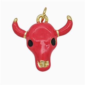 Copper Bull-Head Pendant Red Enamel Gold Plated, approx 22-25mm