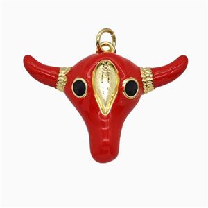 Copper Bull-Head Pendant Red Enamel Gold Plated, approx 22-30mm