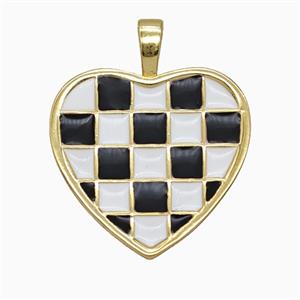 Copper Heart Pendant Pink Black Enamel Checkerboard Grid Gold Plated, approx 21mm