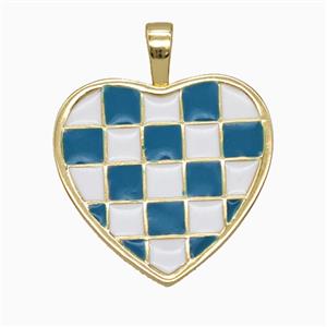 Copper Heart Pendant Blue White Enamel Checkerboard Grid Gold Plated, approx 21mm