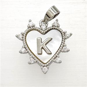 Copper Letter-K Heart Pendant Pave Zirconia Shell Platinum Plated, approx 21mm