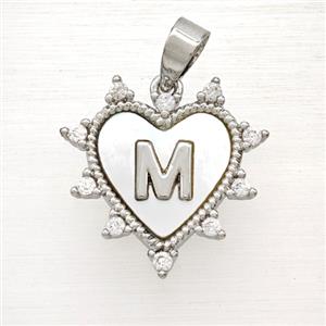 Copper Letter-M Heart Pendant Pave Zirconia Shell Platinum Plated, approx 21mm