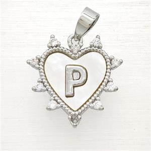 Copper Letter-P Heart Pendant Pave Zirconia Shell Platinum Plated, approx 21mm