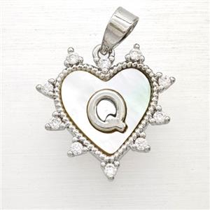 Copper Letter-Q Heart Pendant Pave Zirconia Shell Platinum Plated, approx 21mm