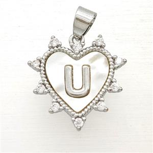 Copper Letter-U Heart Pendant Pave Zirconia Shell Platinum Plated, approx 21mm