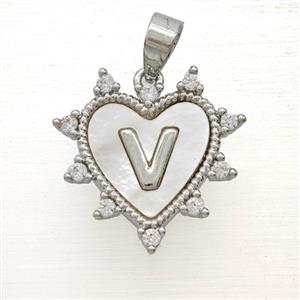 Copper Letter-V Heart Pendant Pave Zirconia Shell Platinum Plated, approx 21mm