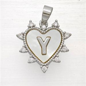 Copper Letter-Y Heart Pendant Pave Zirconia Shell Platinum Plated, approx 21mm