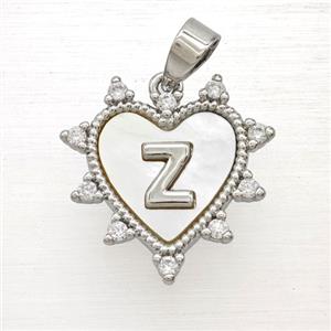 Copper Letter-Z Heart Pendant Pave Zirconia Shell Platinum Plated, approx 21mm