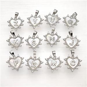 Copper Alphabet Heart Pendant Pave Zirconia Shell Platinum Plated Mixed Letters, approx 21mm