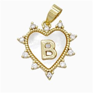 Copper Letter-B Heart Pendant Pave Zirconia Shell Gold Plated, approx 21mm