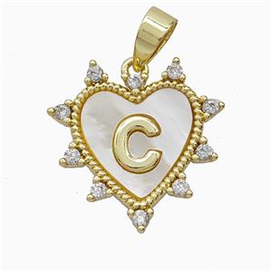 Copper Letter-C Heart Pendant Pave Zirconia Shell Gold Plated, approx 21mm